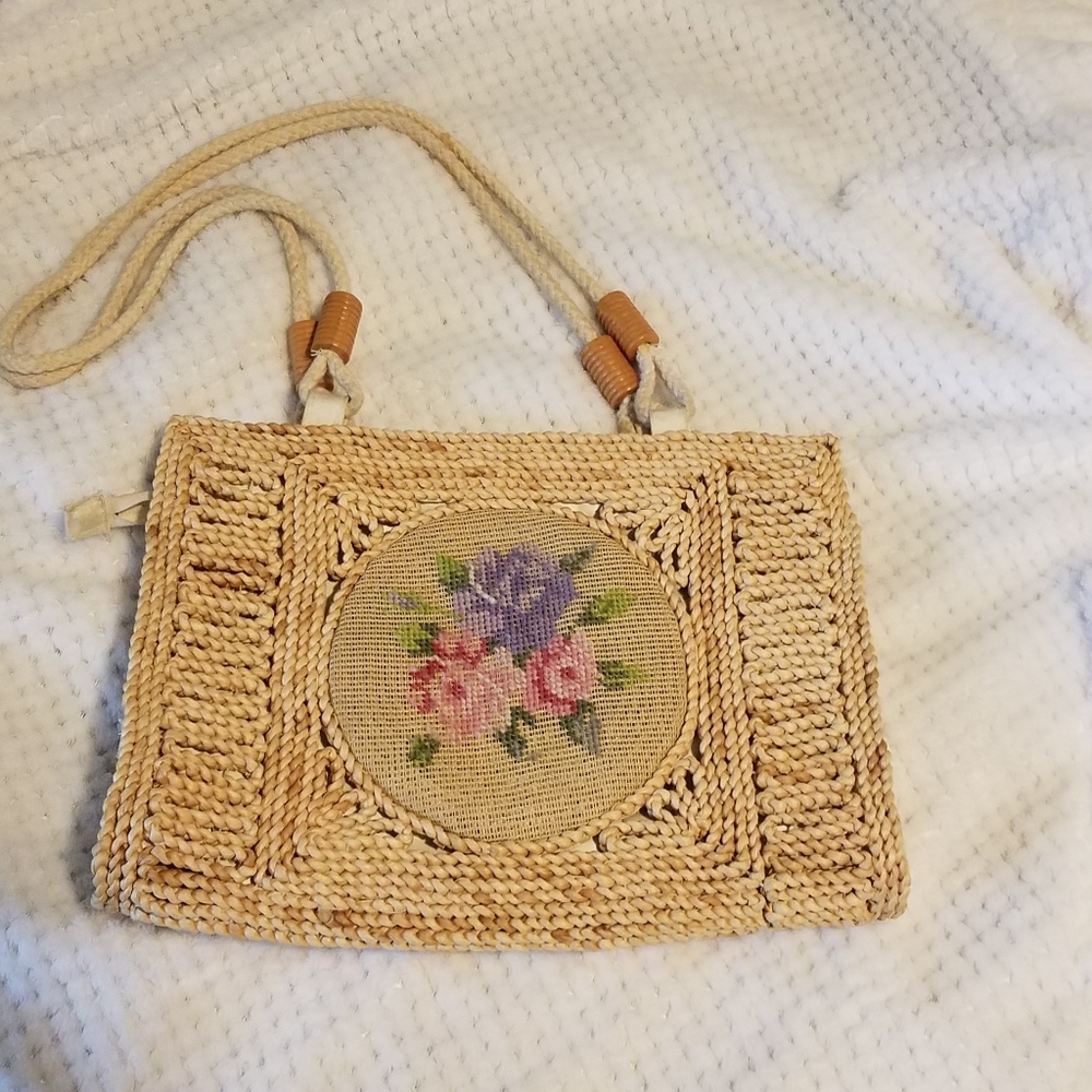 Vintage Heiress straw woven tan shoulder floral bag wn - Picture 2 of 14